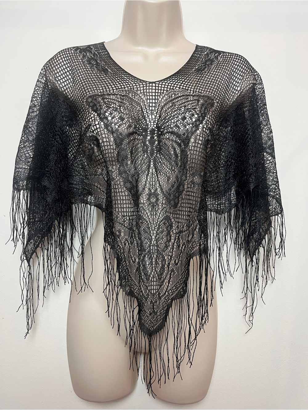 Whimsigoth Fringe Cape Open-Knit Butterfly Fairy Renaissance Crochet Boho